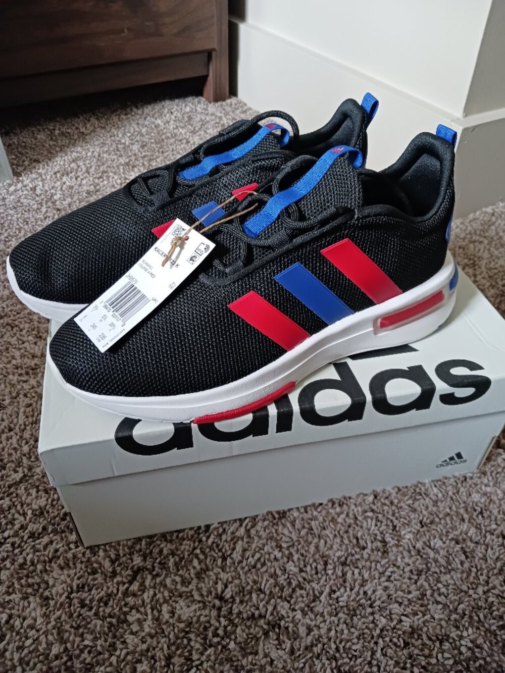 adidas Black Athletic Shoes with Red and Blue Stripes